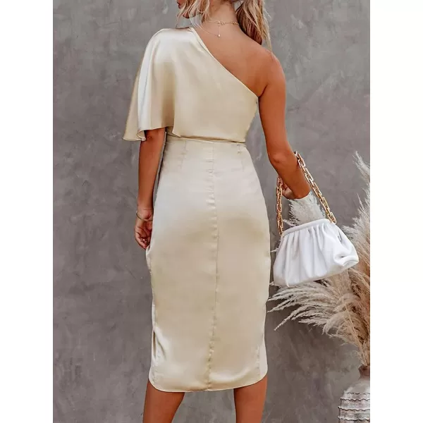 imageCUPSHE Women Satin Dress Backless One Shoulder Flared Short Sleeves Midi High Low Hem Cocktail Party Dress ZipperApricot