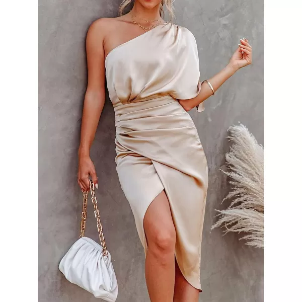 imageCUPSHE Women Satin Dress Backless One Shoulder Flared Short Sleeves Midi High Low Hem Cocktail Party Dress ZipperChampagnegold