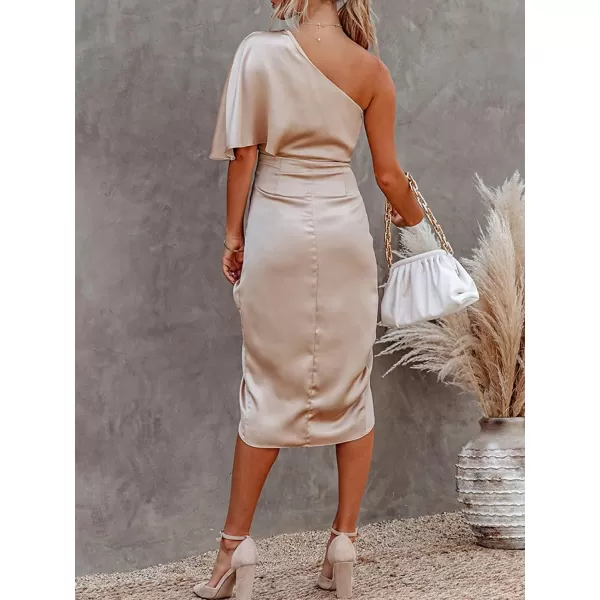 imageCUPSHE Women Satin Dress Backless One Shoulder Flared Short Sleeves Midi High Low Hem Cocktail Party Dress ZipperChampagnegold