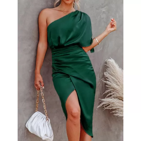 imageCUPSHE Women Satin Dress Backless One Shoulder Flared Short Sleeves Midi High Low Hem Cocktail Party Dress ZipperEmerald Green