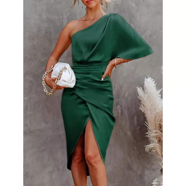 imageCUPSHE Women Satin Dress Backless One Shoulder Flared Short Sleeves Midi High Low Hem Cocktail Party Dress ZipperEmerald Green