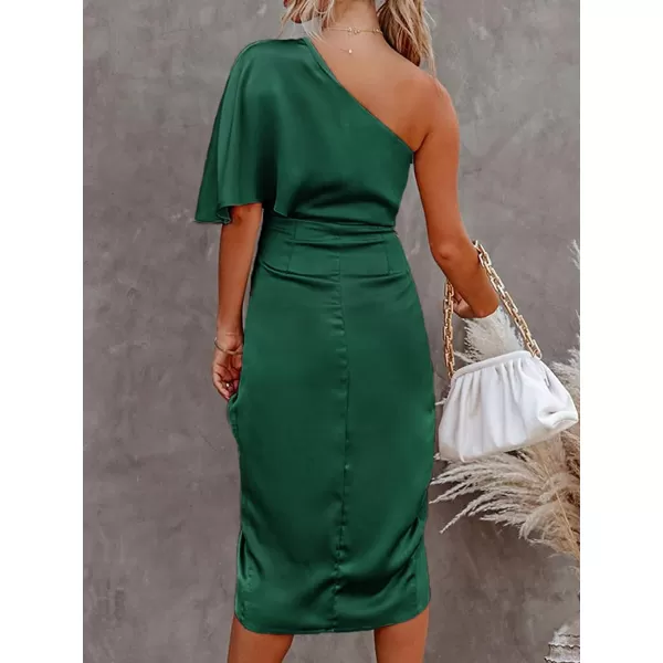 imageCUPSHE Women Satin Dress Backless One Shoulder Flared Short Sleeves Midi High Low Hem Cocktail Party Dress ZipperEmerald Green