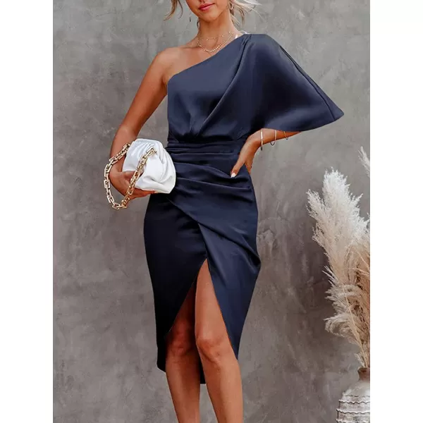 imageCUPSHE Women Satin Dress Backless One Shoulder Flared Short Sleeves Midi High Low Hem Cocktail Party Dress ZipperNavy