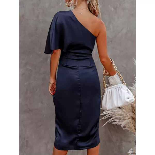 imageCUPSHE Women Satin Dress Backless One Shoulder Flared Short Sleeves Midi High Low Hem Cocktail Party Dress ZipperNavy