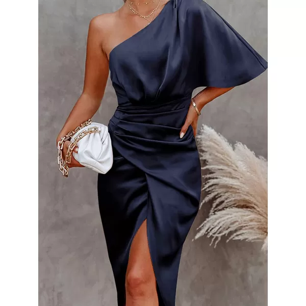 imageCUPSHE Women Satin Dress Backless One Shoulder Flared Short Sleeves Midi High Low Hem Cocktail Party Dress ZipperNavy