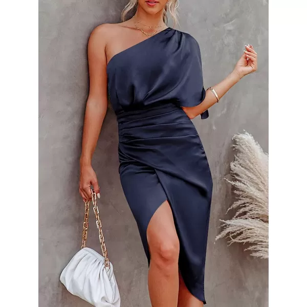 imageCUPSHE Women Satin Dress Backless One Shoulder Flared Short Sleeves Midi High Low Hem Cocktail Party Dress ZipperNavy
