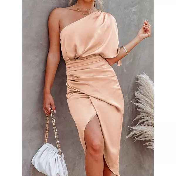 imageCUPSHE Women Satin Dress Backless One Shoulder Flared Short Sleeves Midi High Low Hem Cocktail Party Dress ZipperPink