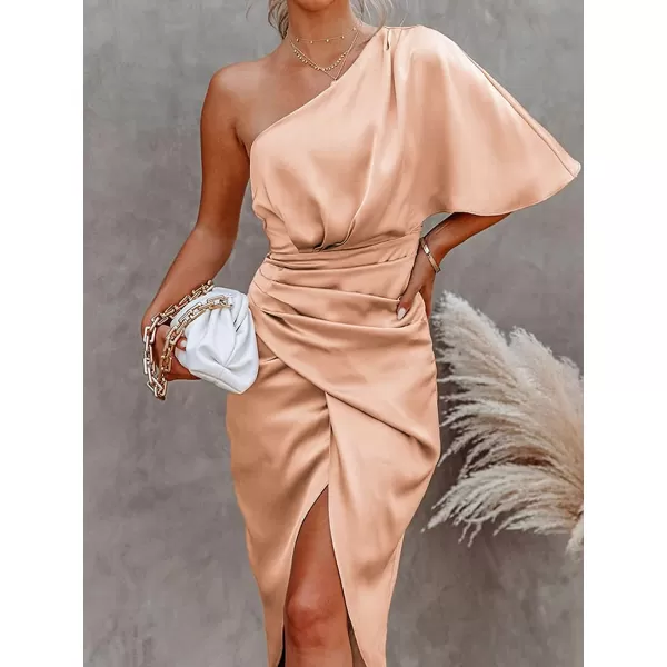 imageCUPSHE Women Satin Dress Backless One Shoulder Flared Short Sleeves Midi High Low Hem Cocktail Party Dress ZipperPink