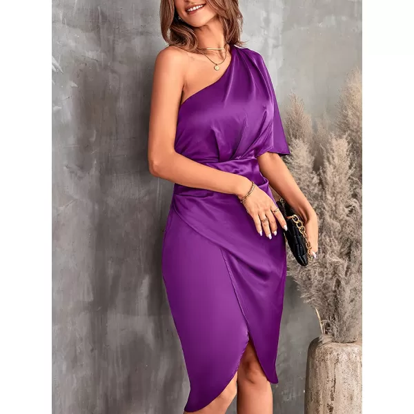 imageCUPSHE Women Satin Dress Backless One Shoulder Flared Short Sleeves Midi High Low Hem Cocktail Party Dress ZipperPurple