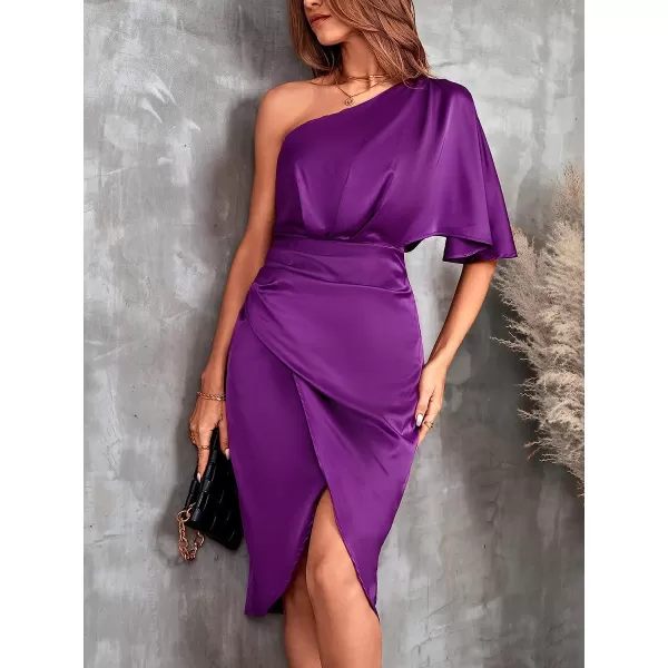 imageCUPSHE Women Satin Dress Backless One Shoulder Flared Short Sleeves Midi High Low Hem Cocktail Party Dress ZipperPurple
