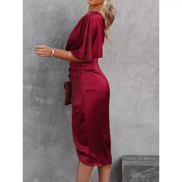 imageCUPSHE Women Satin Dress Backless One Shoulder Flared Short Sleeves Midi High Low Hem Cocktail Party Dress ZipperRed
