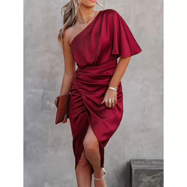 imageCUPSHE Women Satin Dress Backless One Shoulder Flared Short Sleeves Midi High Low Hem Cocktail Party Dress ZipperRed