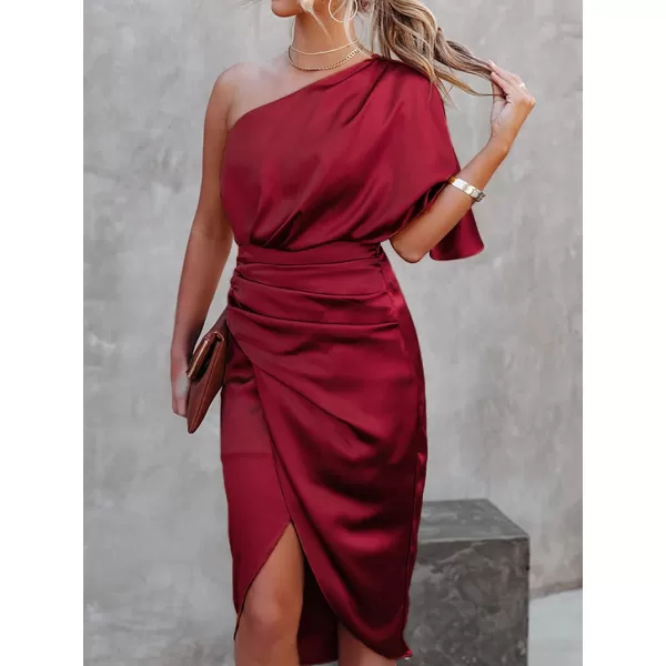 imageCUPSHE Women Satin Dress Backless One Shoulder Flared Short Sleeves Midi High Low Hem Cocktail Party Dress ZipperRed