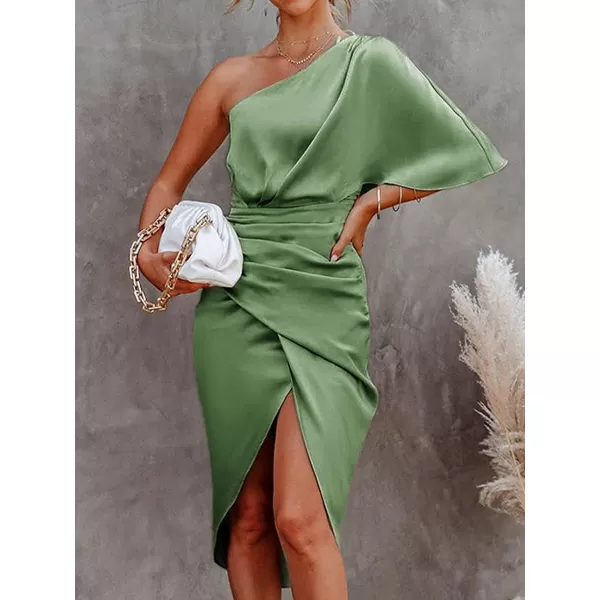 imageCUPSHE Women Satin Dress Backless One Shoulder Flared Short Sleeves Midi High Low Hem Cocktail Party Dress ZipperSage Green