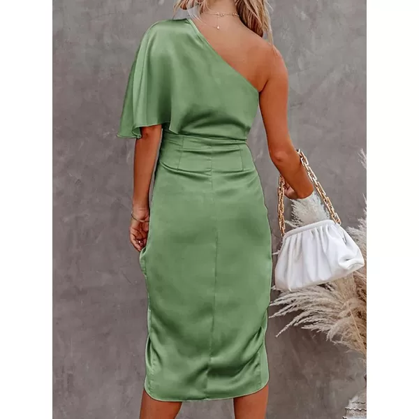 imageCUPSHE Women Satin Dress Backless One Shoulder Flared Short Sleeves Midi High Low Hem Cocktail Party Dress ZipperSage Green