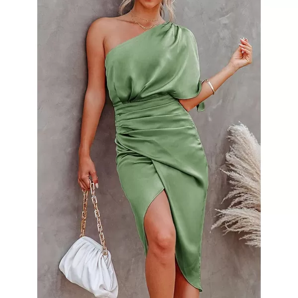 imageCUPSHE Women Satin Dress Backless One Shoulder Flared Short Sleeves Midi High Low Hem Cocktail Party Dress ZipperSage Green