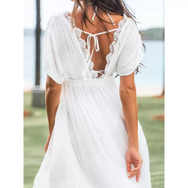 imageCUPSHE Women Scalloped Lace Plunge CoverUp Dress V Neck Short Sleeves Solid Cover Up Casual SummerWhite