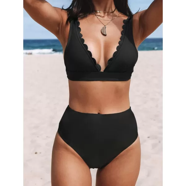 imageCUPSHE Women Scalloped V Neck Bikini Swimsuit High Waist Floral Ruched Two Piece Bathing SuitBlack