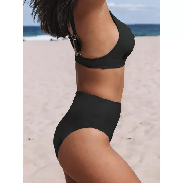 imageCUPSHE Women Scalloped V Neck Bikini Swimsuit High Waist Floral Ruched Two Piece Bathing SuitBlack