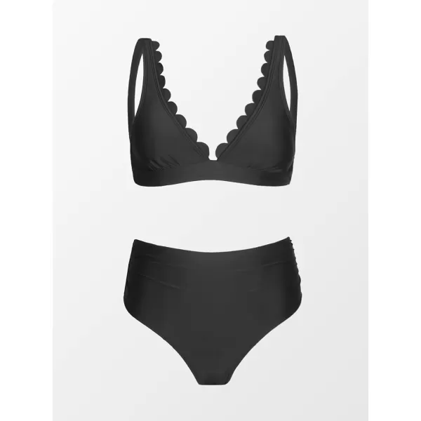 imageCUPSHE Women Scalloped V Neck Bikini Swimsuit High Waist Floral Ruched Two Piece Bathing SuitBlack