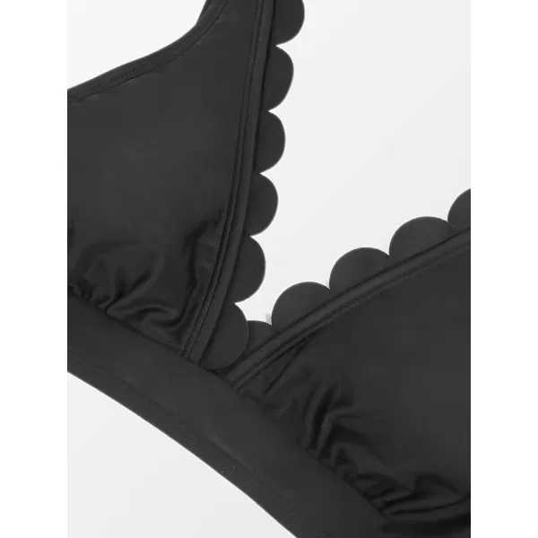 imageCUPSHE Women Scalloped V Neck Bikini Swimsuit High Waist Floral Ruched Two Piece Bathing SuitBlack