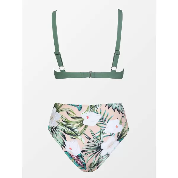 imageCUPSHE Women Scalloped V Neck Bikini Swimsuit High Waist Floral Ruched Two Piece Bathing SuitGreen
