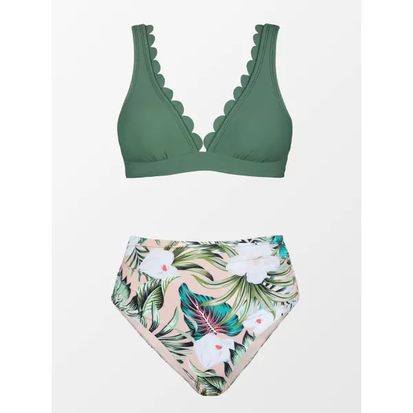 imageCUPSHE Women Scalloped V Neck Bikini Swimsuit High Waist Floral Ruched Two Piece Bathing SuitGreen