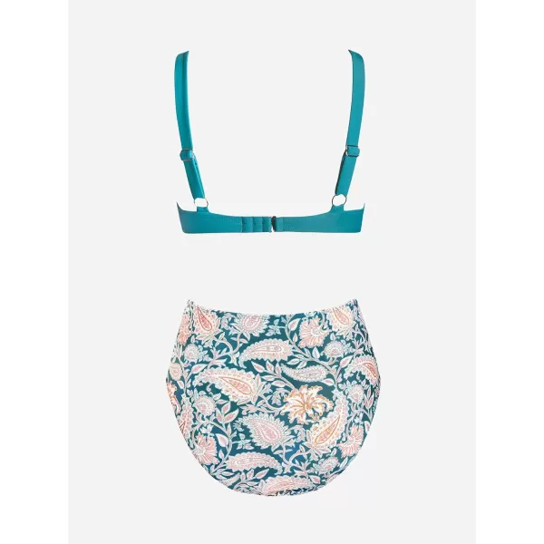 imageCUPSHE Women Scalloped V Neck Bikini Swimsuit High Waist Floral Ruched Two Piece Bathing SuitTeal Blue Paisley