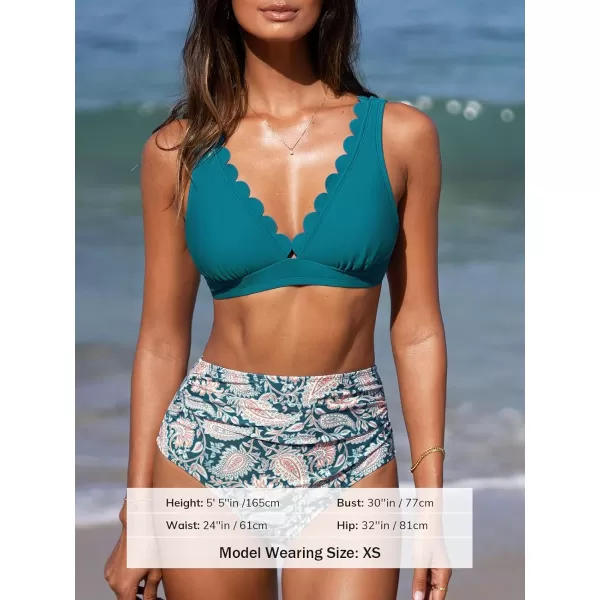 imageCUPSHE Women Scalloped V Neck Bikini Swimsuit High Waist Floral Ruched Two Piece Bathing SuitTeal Blue Paisley