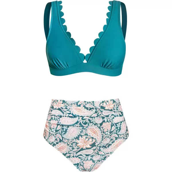 imageCUPSHE Women Scalloped V Neck Bikini Swimsuit High Waist Floral Ruched Two Piece Bathing SuitTeal Blue Paisley