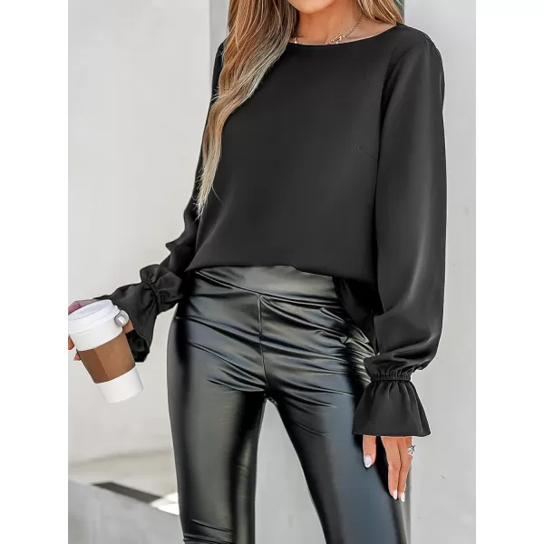 imageCUPSHE Women Scalloped VCut Back Top Round Neck Blouse LongTrumpet Sleeves TopsBlack