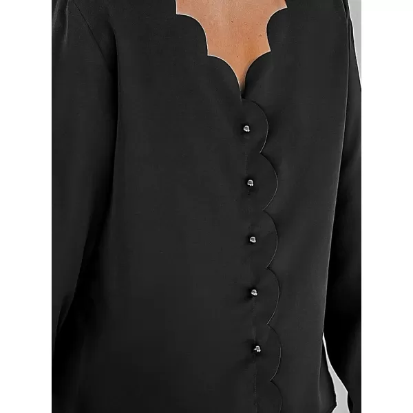 imageCUPSHE Women Scalloped VCut Back Top Round Neck Blouse LongTrumpet Sleeves TopsBlack