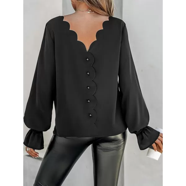 imageCUPSHE Women Scalloped VCut Back Top Round Neck Blouse LongTrumpet Sleeves TopsBlack