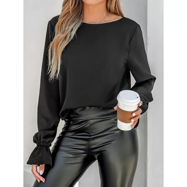 imageCUPSHE Women Scalloped VCut Back Top Round Neck Blouse LongTrumpet Sleeves TopsBlack