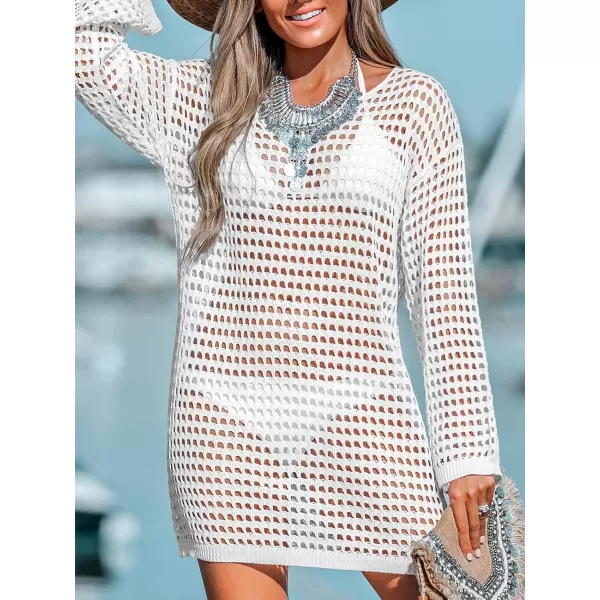 imageCUPSHE Women Scoop Neck Crochet Knit Swim CoverUp Long Sleeves Cover Ups DressWhite