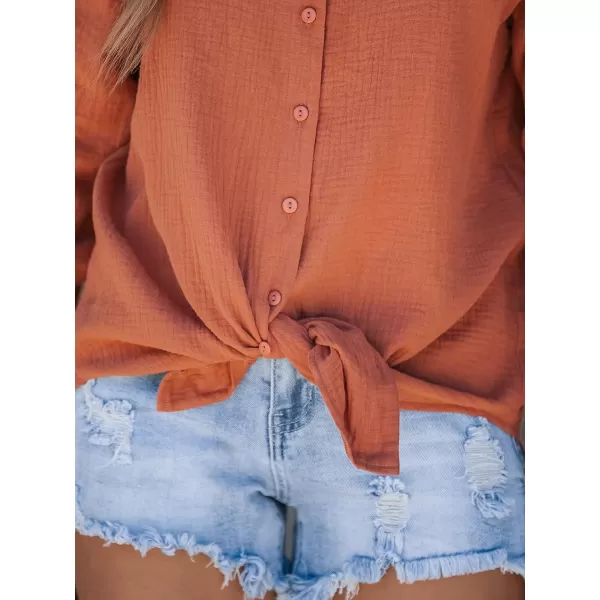 imageCUPSHE Women Seersucker Knotted Long Sleeve Top Button Front Shirts V Neck BlousesOrange