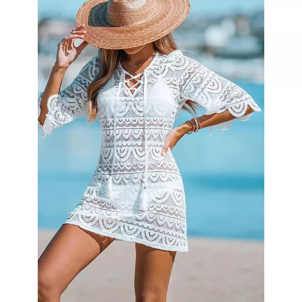 imageCUPSHE Women Sheer Mesh LaceUp CoverUp Dress Casual Summer Short Sleeves Sexy Beach Cover UpWhite