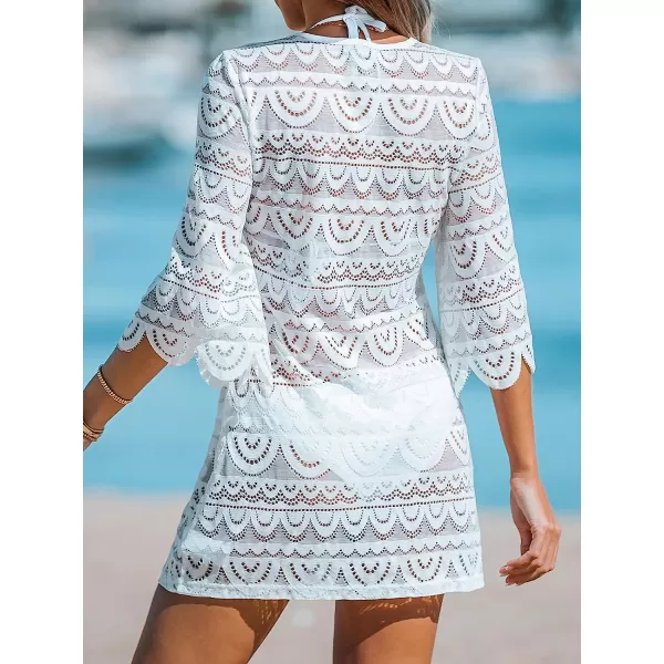imageCUPSHE Women Sheer Mesh LaceUp CoverUp Dress Casual Summer Short Sleeves Sexy Beach Cover UpWhite