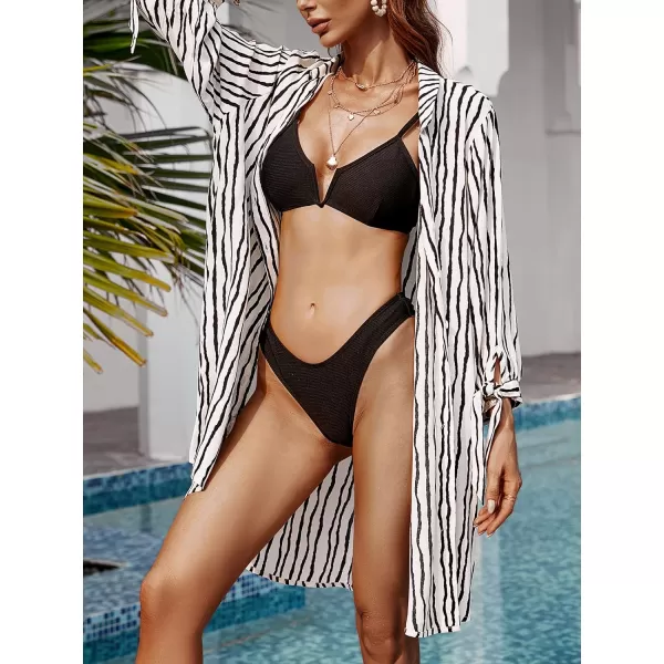 imageCUPSHE Women Shirt Beach Dress Midi 34 Sleeve Botton Down Loose Waisted Stripe Pattern Dress WhiteWhite
