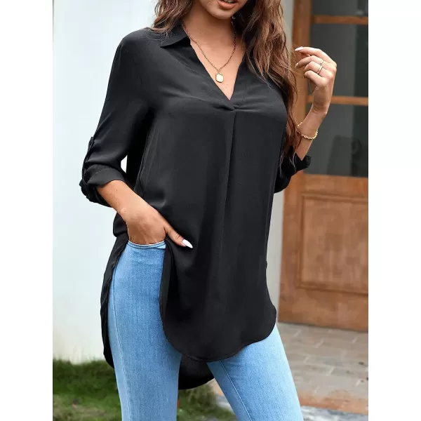 imageCUPSHE Women Shirt Tops Collar Shirt 34 Long Sleeve Pull Over High Low Hem Tops for Women Solid SexyBlack