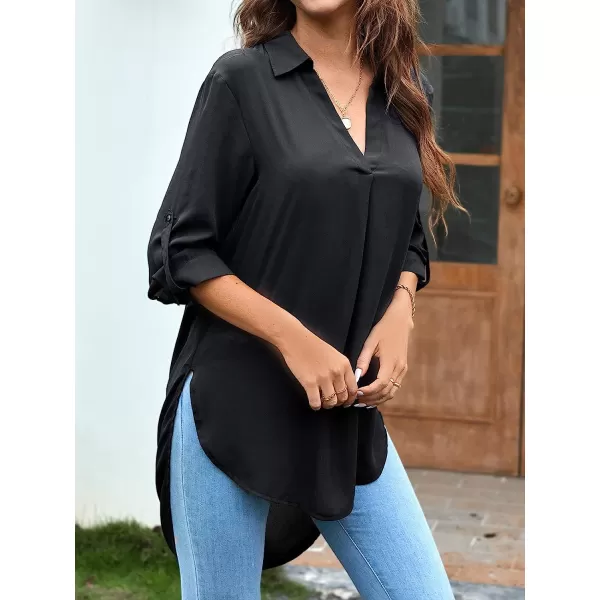 imageCUPSHE Women Shirt Tops Collar Shirt 34 Long Sleeve Pull Over High Low Hem Tops for Women Solid SexyBlack