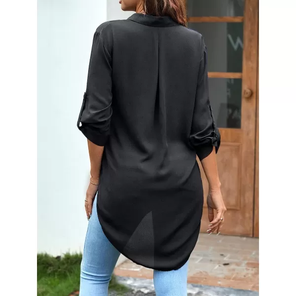 imageCUPSHE Women Shirt Tops Collar Shirt 34 Long Sleeve Pull Over High Low Hem Tops for Women Solid SexyBlack