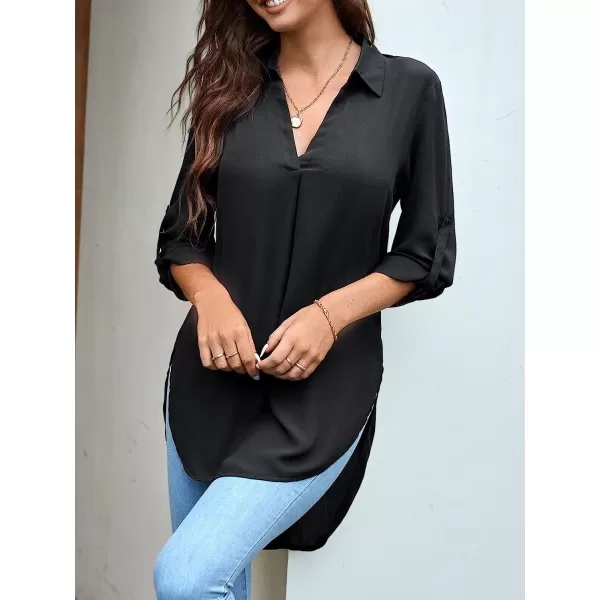 imageCUPSHE Women Shirt Tops Collar Shirt 34 Long Sleeve Pull Over High Low Hem Tops for Women Solid SexyBlack
