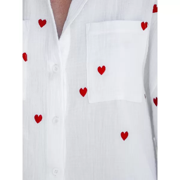 imageCUPSHE Women Shirts Embroidered Heart Crinkle Tops Long Sleeves Button Front BlousesWhite