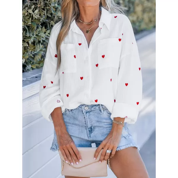imageCUPSHE Women Shirts Embroidered Heart Crinkle Tops Long Sleeves Button Front BlousesWhite