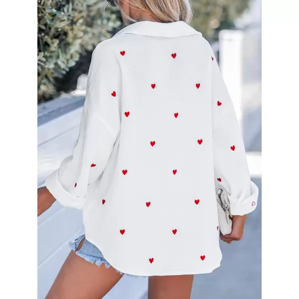 imageCUPSHE Women Shirts Embroidered Heart Crinkle Tops Long Sleeves Button Front BlousesWhite