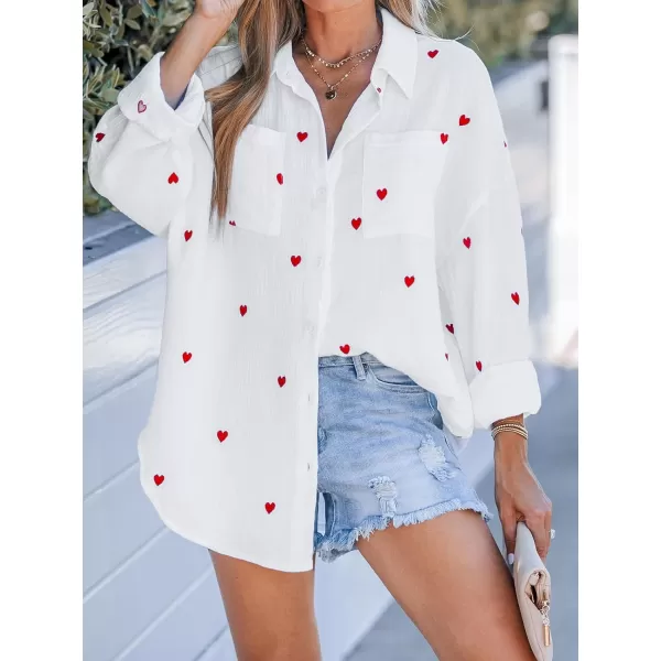 imageCUPSHE Women Shirts Embroidered Heart Crinkle Tops Long Sleeves Button Front BlousesWhite