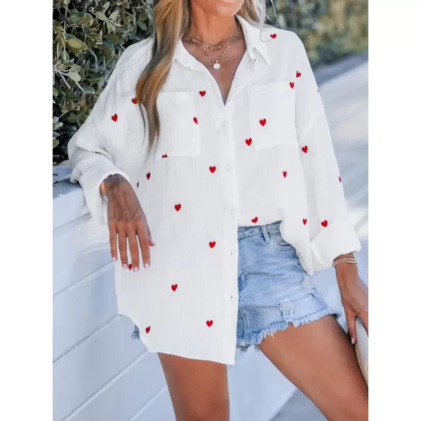 imageCUPSHE Women Shirts Embroidered Heart Crinkle Tops Long Sleeves Button Front BlousesWhite