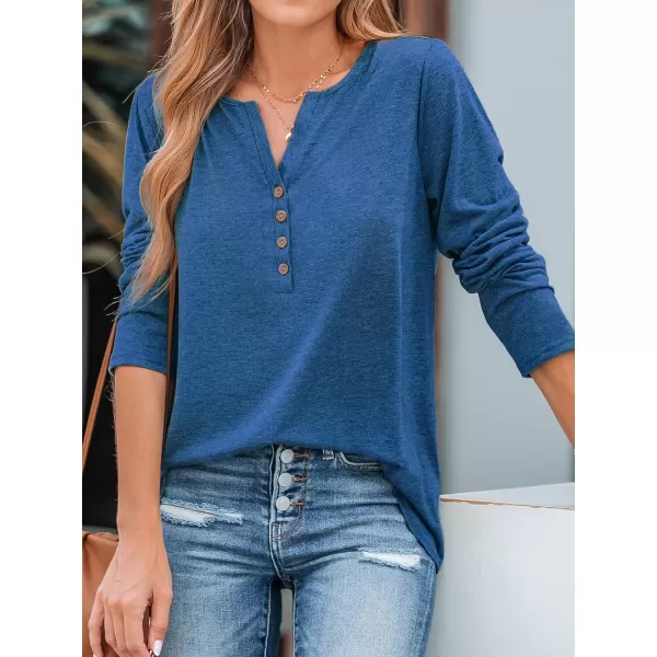 imageCUPSHE Women Shirts Slub Knit Henley Tee Long Sleeves Button Front BlousesBlue
