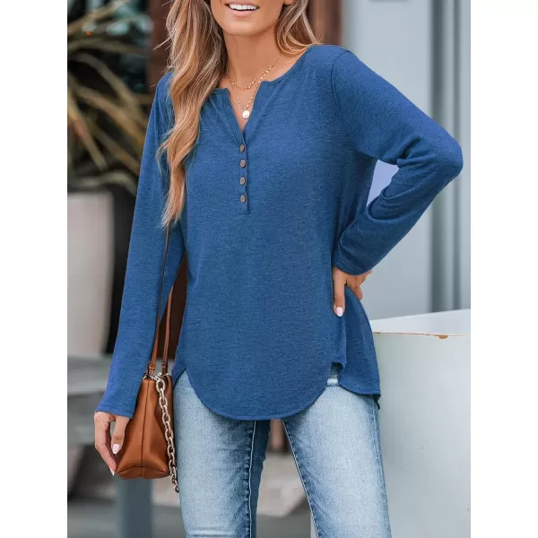 imageCUPSHE Women Shirts Slub Knit Henley Tee Long Sleeves Button Front BlousesBlue